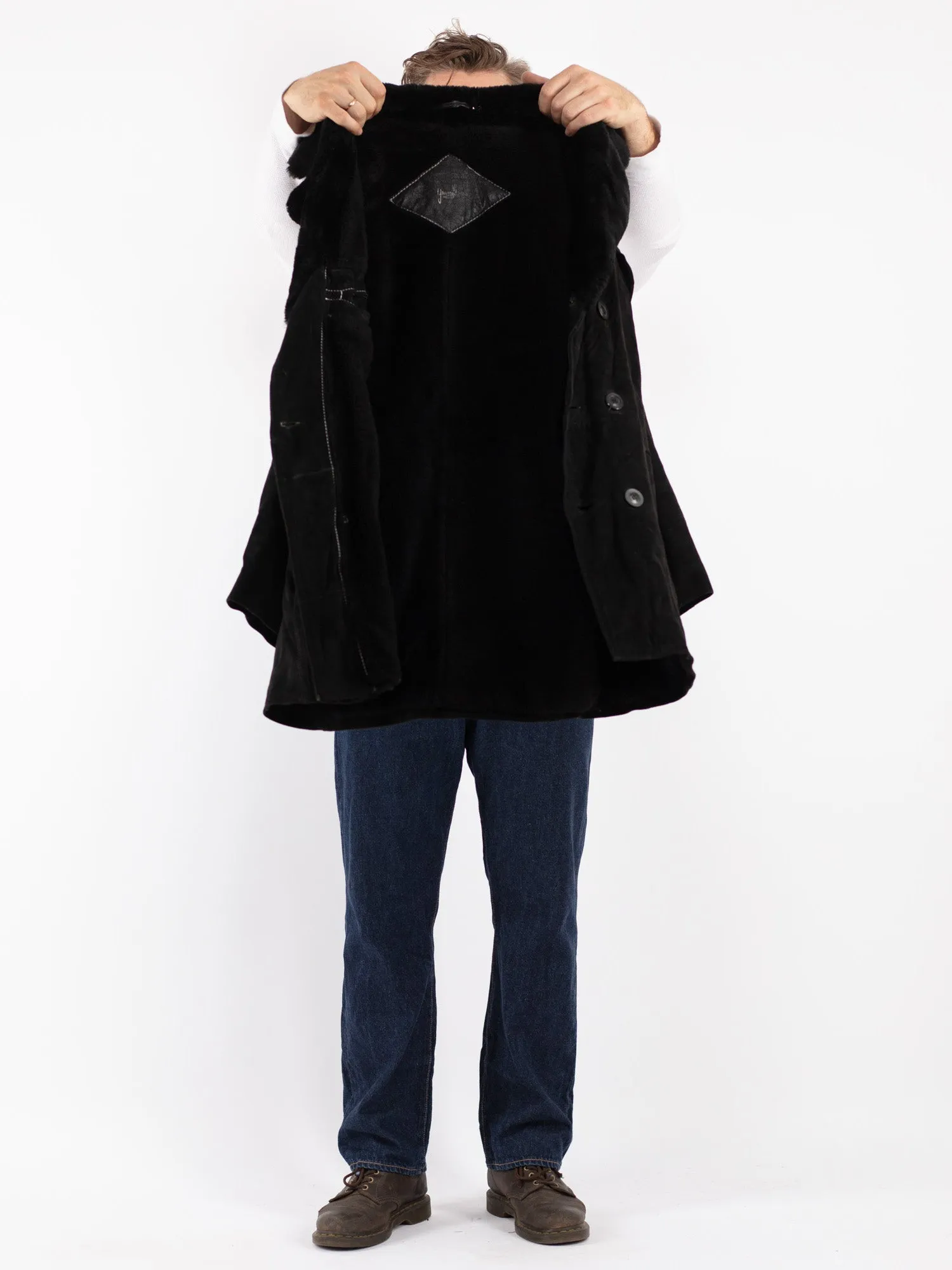 Vintage 70's Men Suede Sherpa Coat in Black