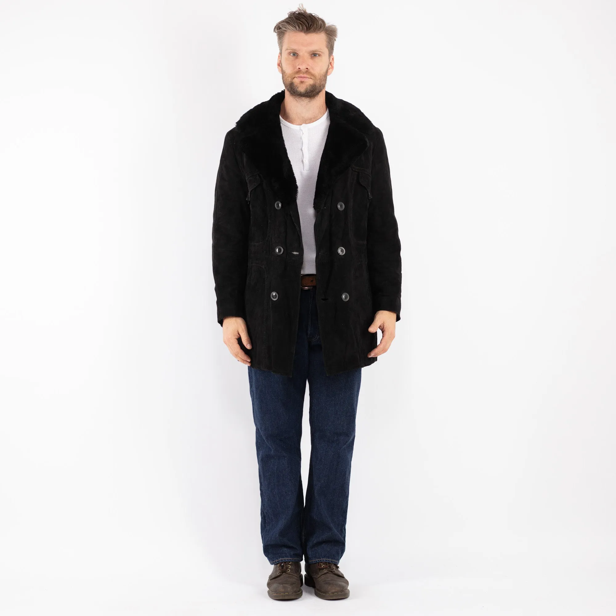 Vintage 70's Men Suede Sherpa Coat in Black