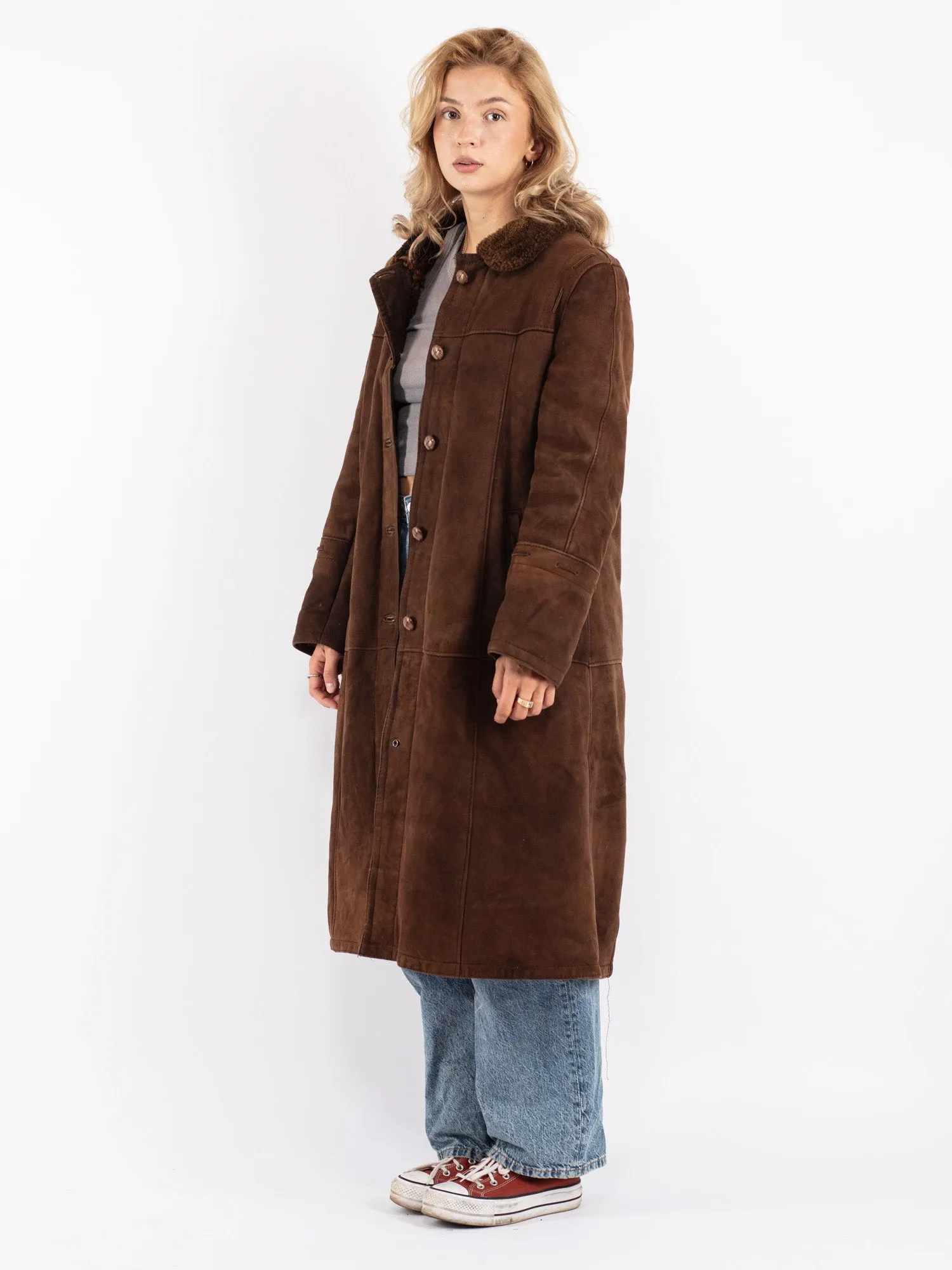 Vintage 70's Women Sheepskin Long Coat in Brown