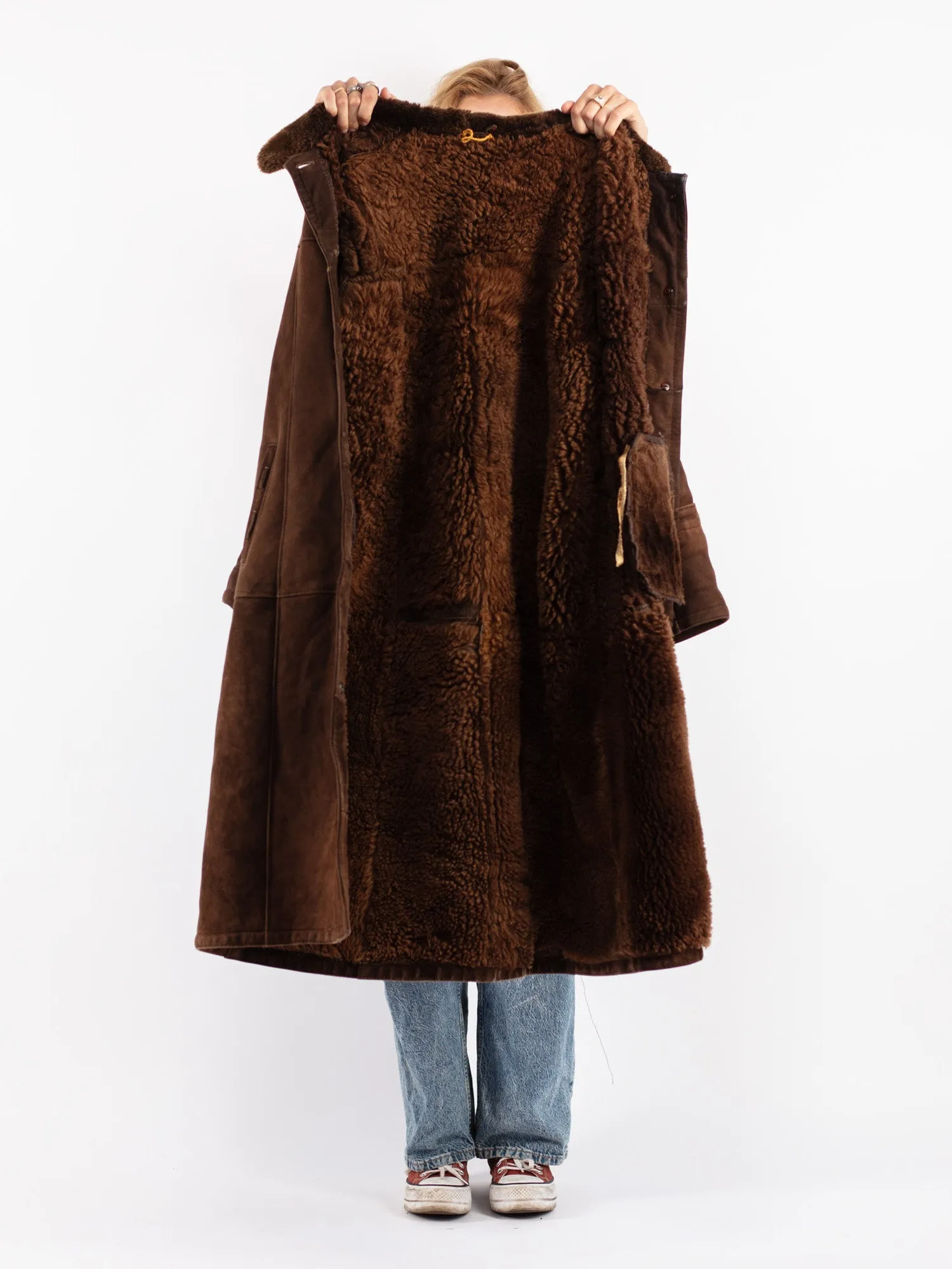 Vintage 70's Women Sheepskin Long Coat in Brown