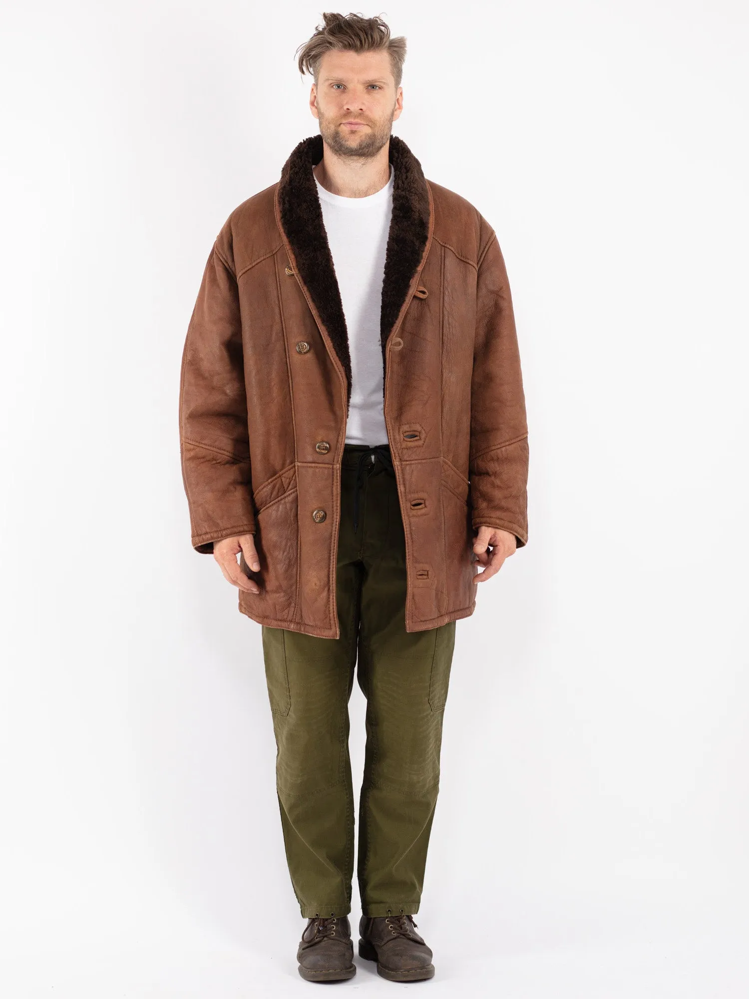 Vintage 80's Men Oversized Sheepskin Coat in Brown