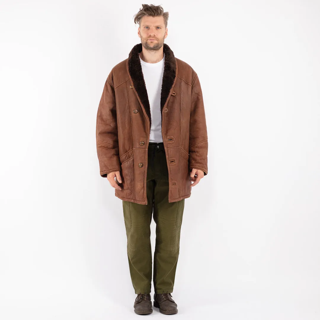 Vintage 80's Men Oversized Sheepskin Coat in Brown