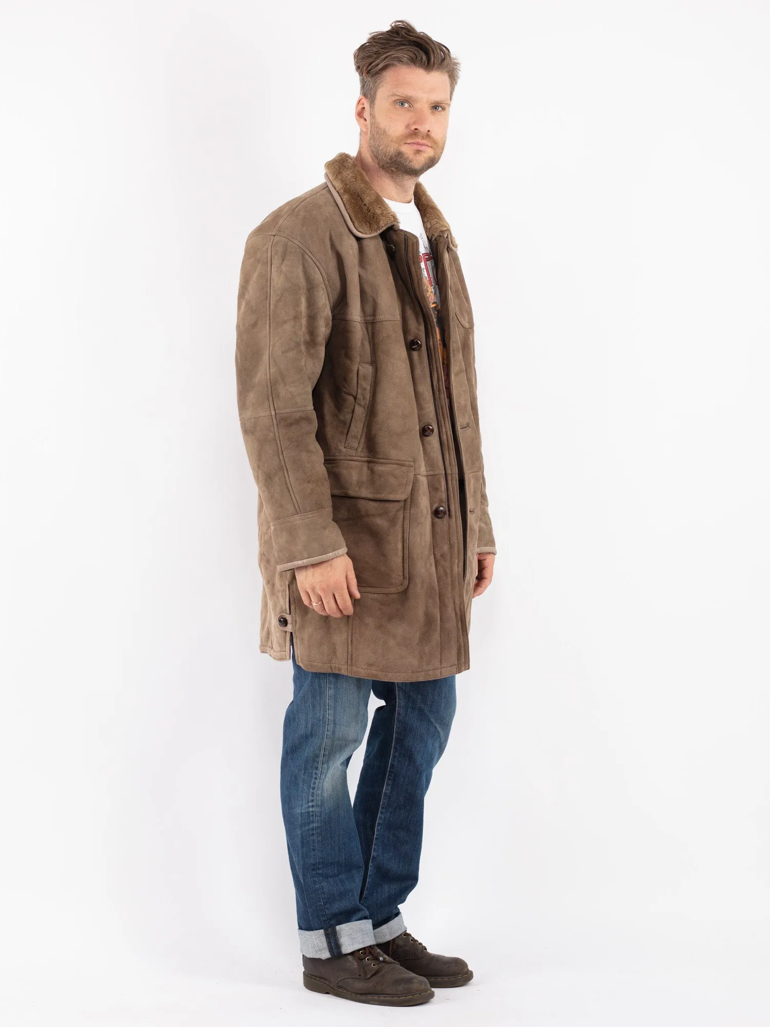 Vintage 80's Men Sheepskin Coat in Beige