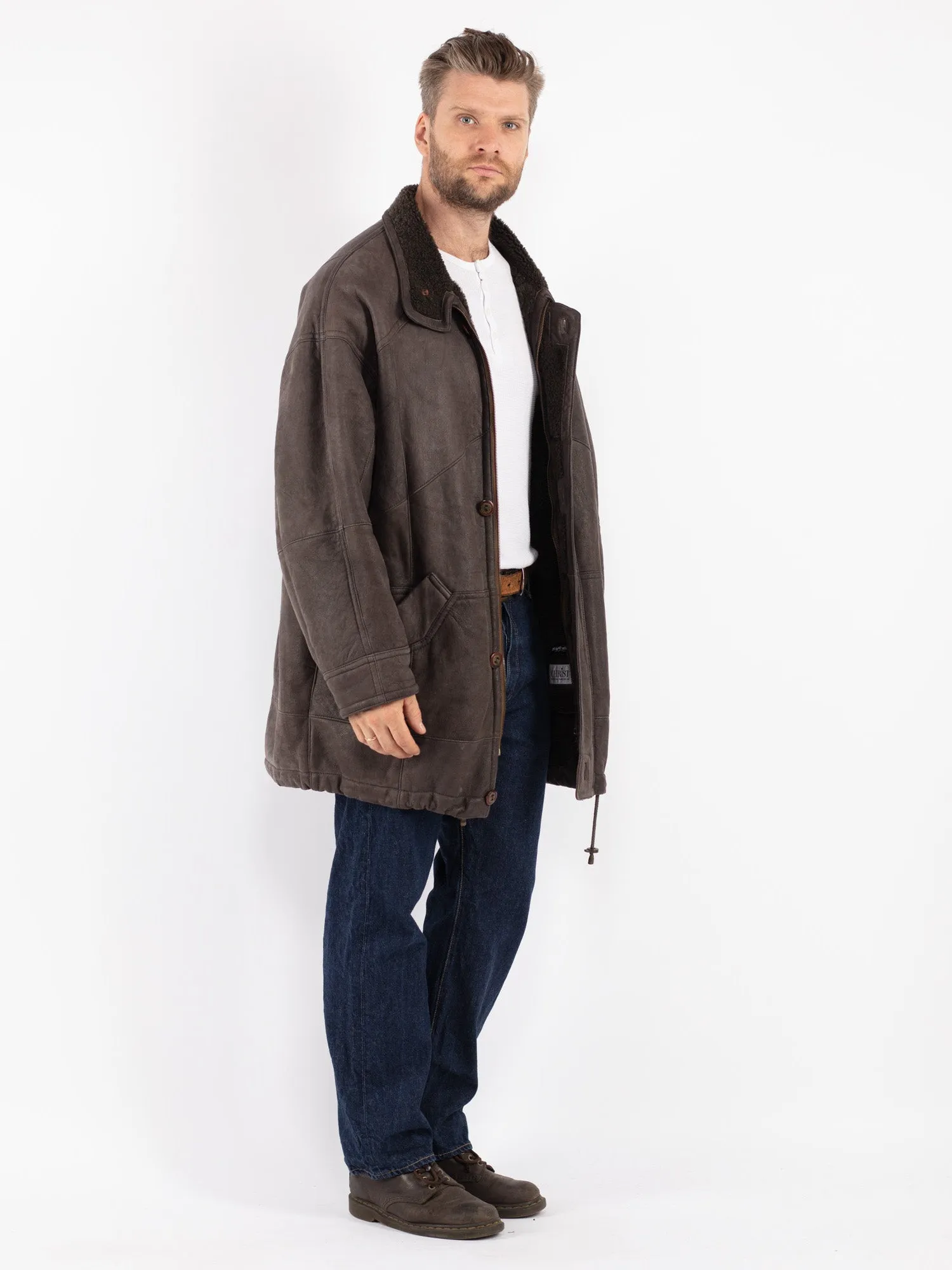 Vintage 80's Men Sheepskin Coat in Gray