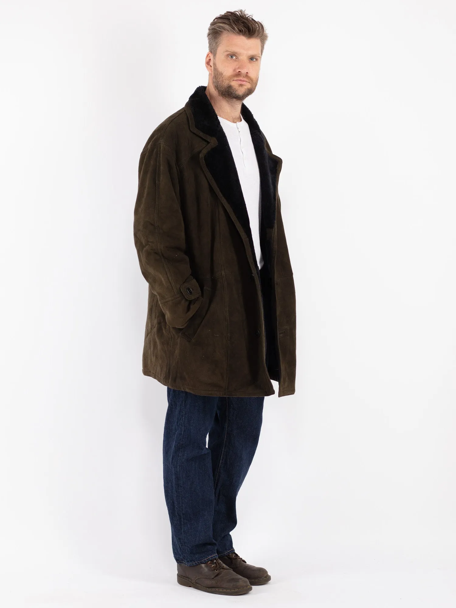 Vintage 80's Men Sheepskin Coat in Green