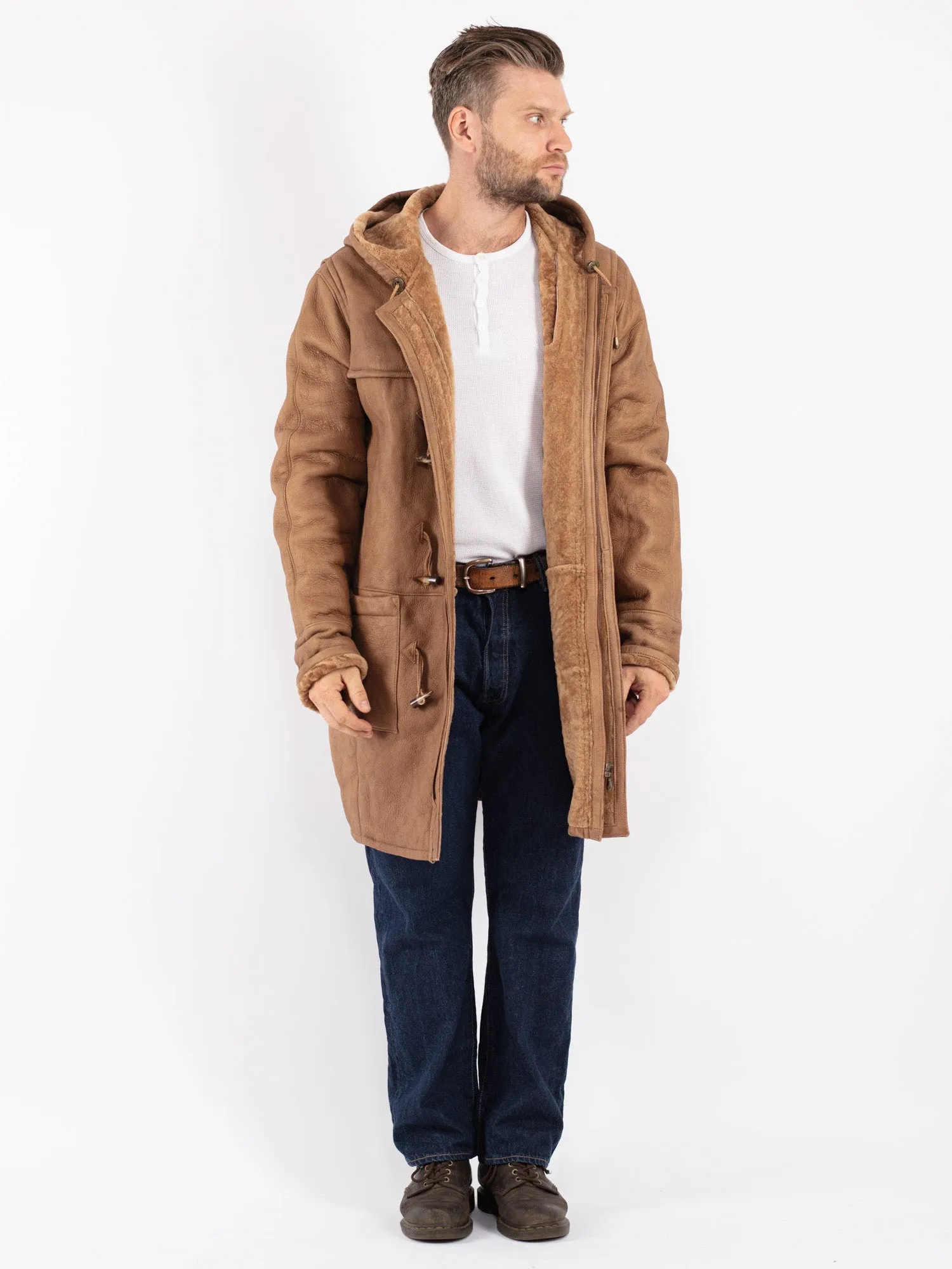 Vintage 90's Men Hooded Sheepskin Coat in Beige