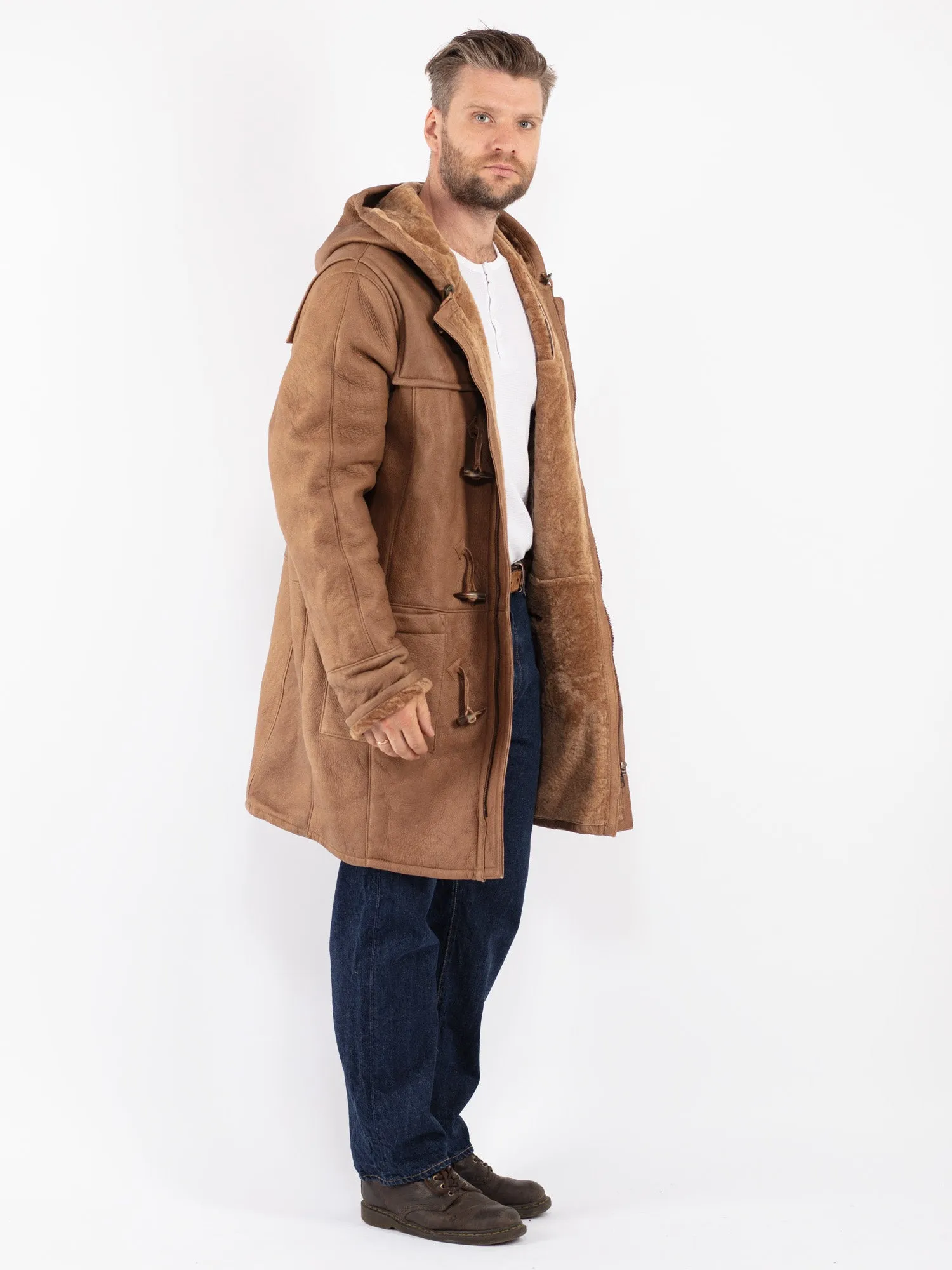 Vintage 90's Men Hooded Sheepskin Coat in Beige