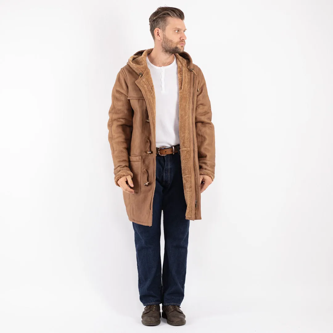 Vintage 90's Men Hooded Sheepskin Coat in Beige