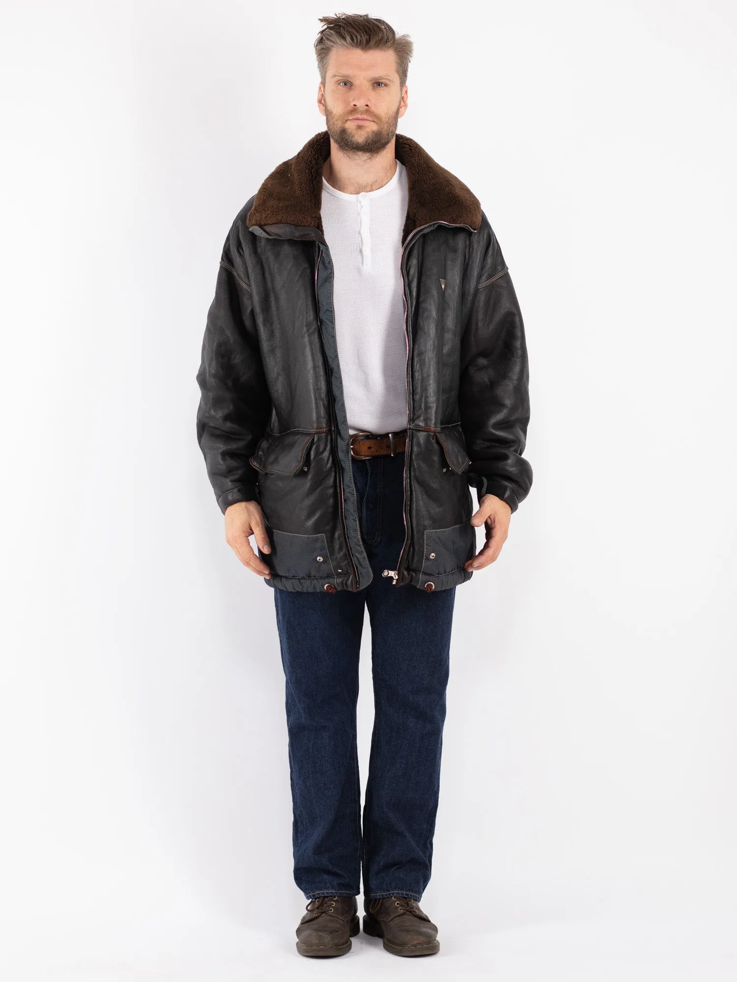 Vintage 90's Men Sheepskin Shearling Coat in Black