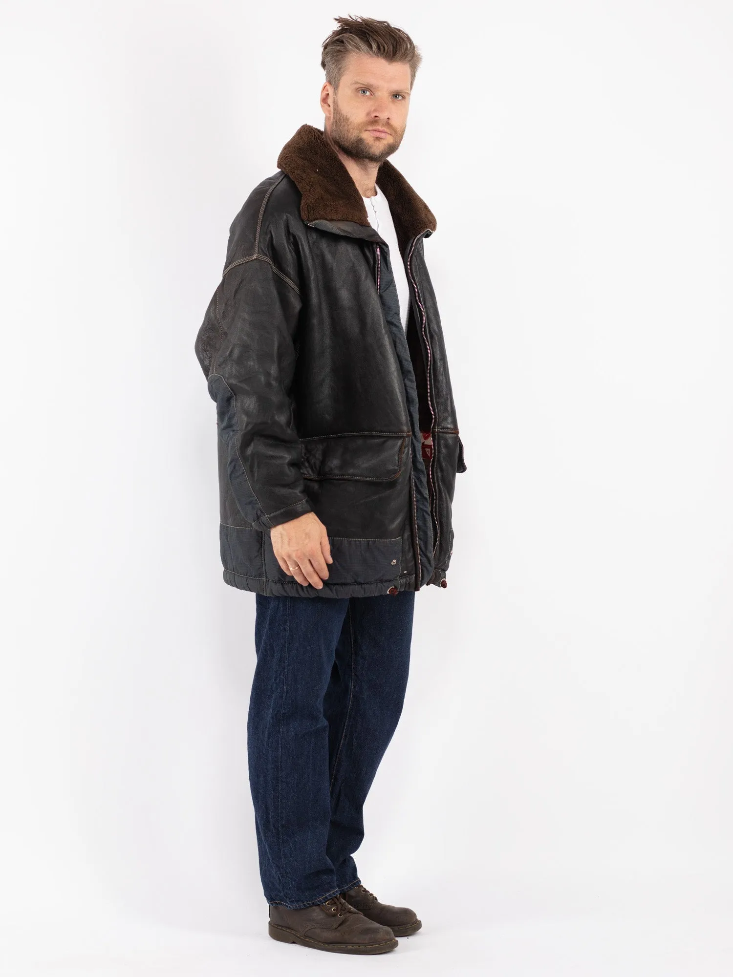 Vintage 90's Men Sheepskin Shearling Coat in Black