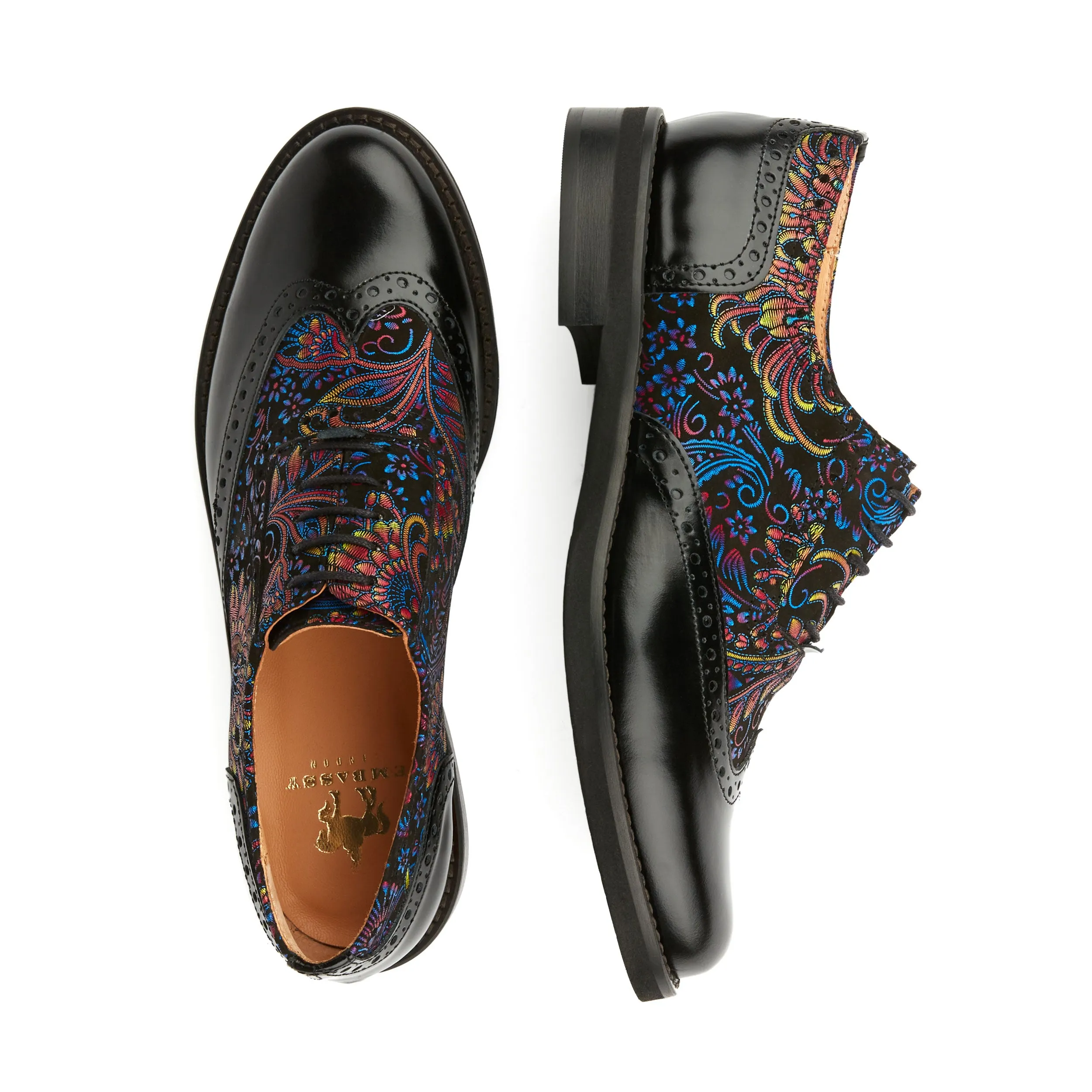 VIVIENNE BLACK & BLUE - Women's leather oxfords with wingtip and brogue details