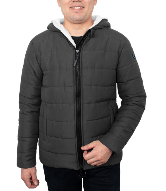 Wilfred Dark Gray Puffer Men Sherpa Jacket with Hood