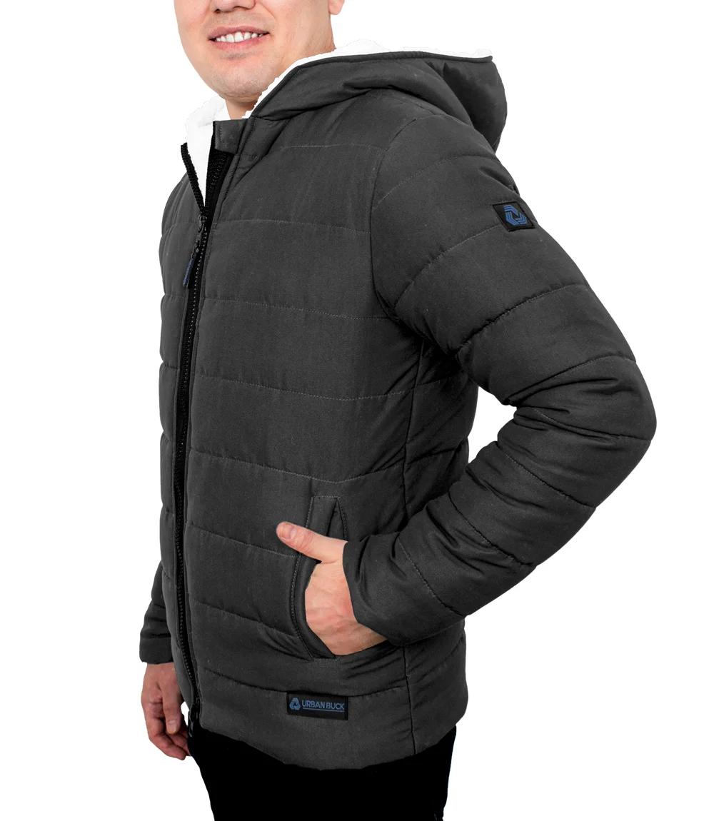 Wilfred Dark Gray Puffer Men Sherpa Jacket with Hood