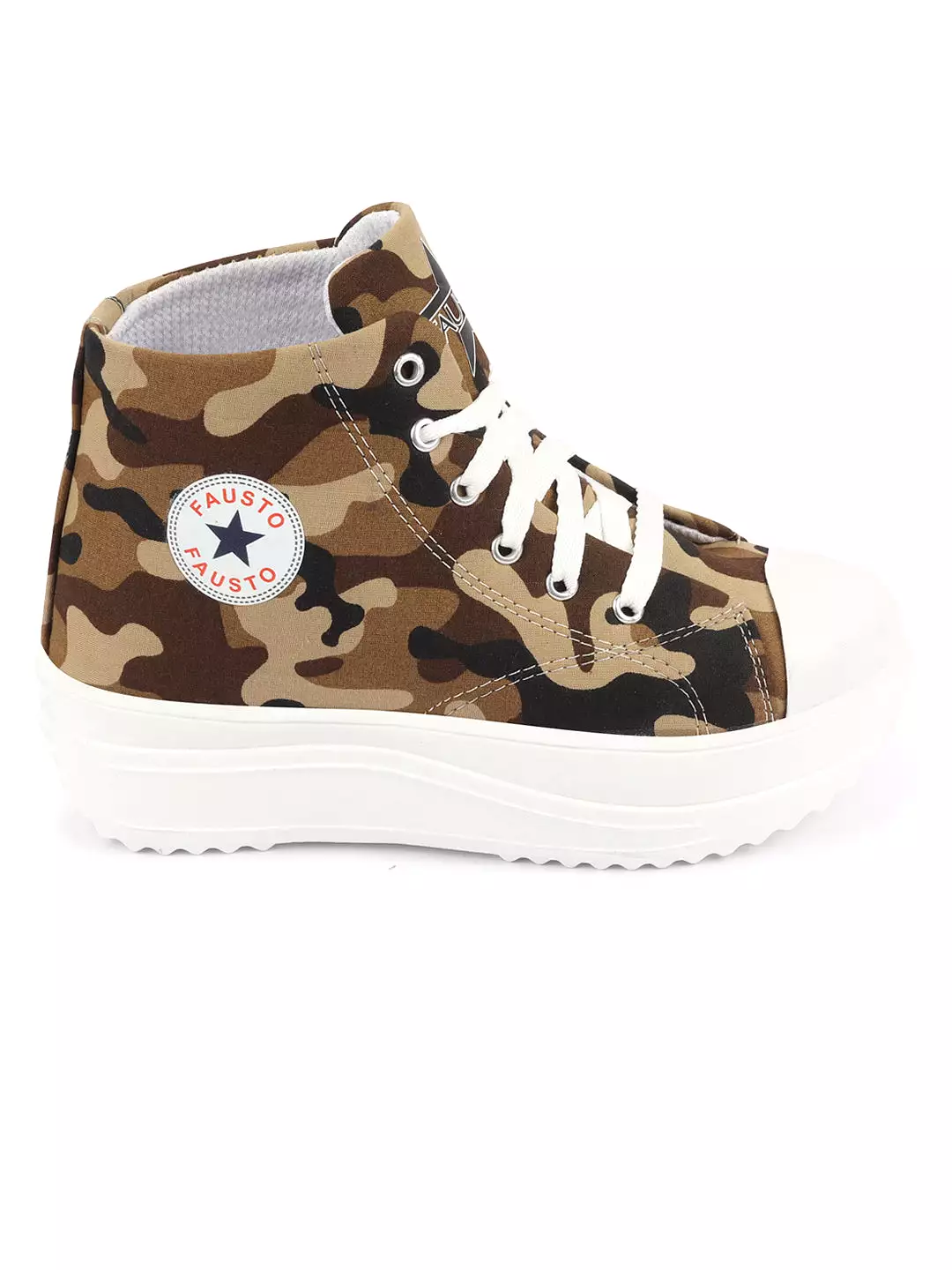 Women Beige High Ankle Top Wedge Heels Camouflage Print Canvas Lace Up Sneakers Shoes