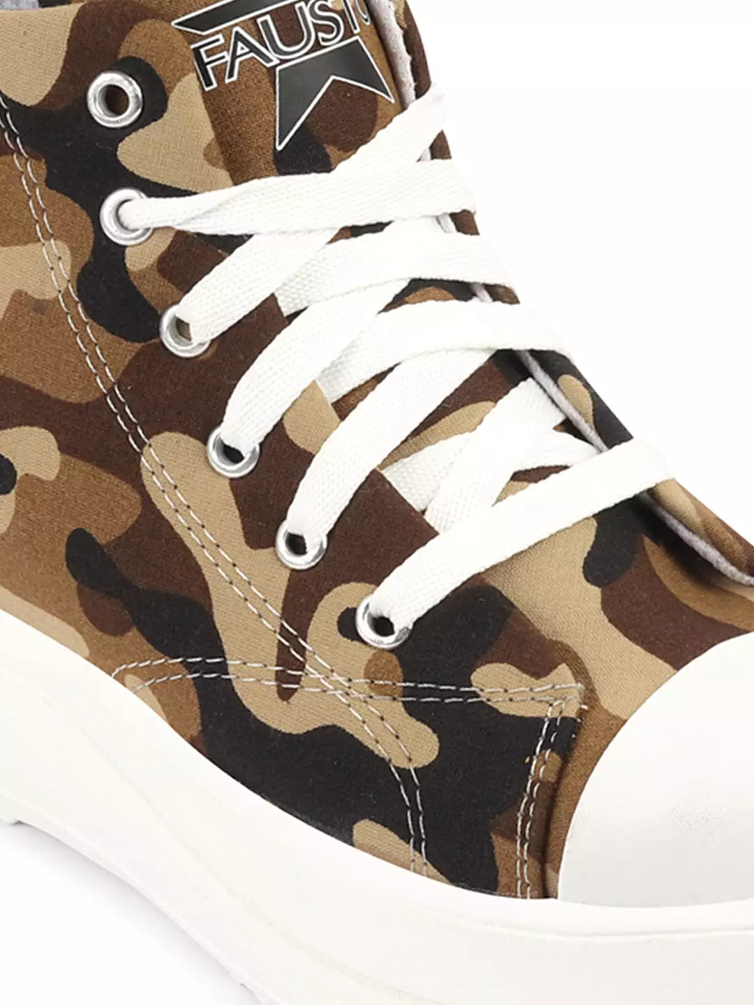 Women Beige High Ankle Top Wedge Heels Camouflage Print Canvas Lace Up Sneakers Shoes