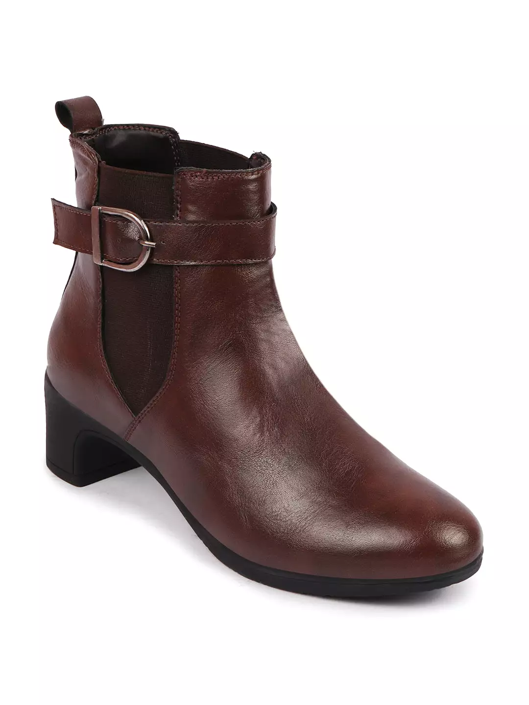 Women Brown Flared Heel High Ankle Classic Winter Buckle Strap Chelsea Boots