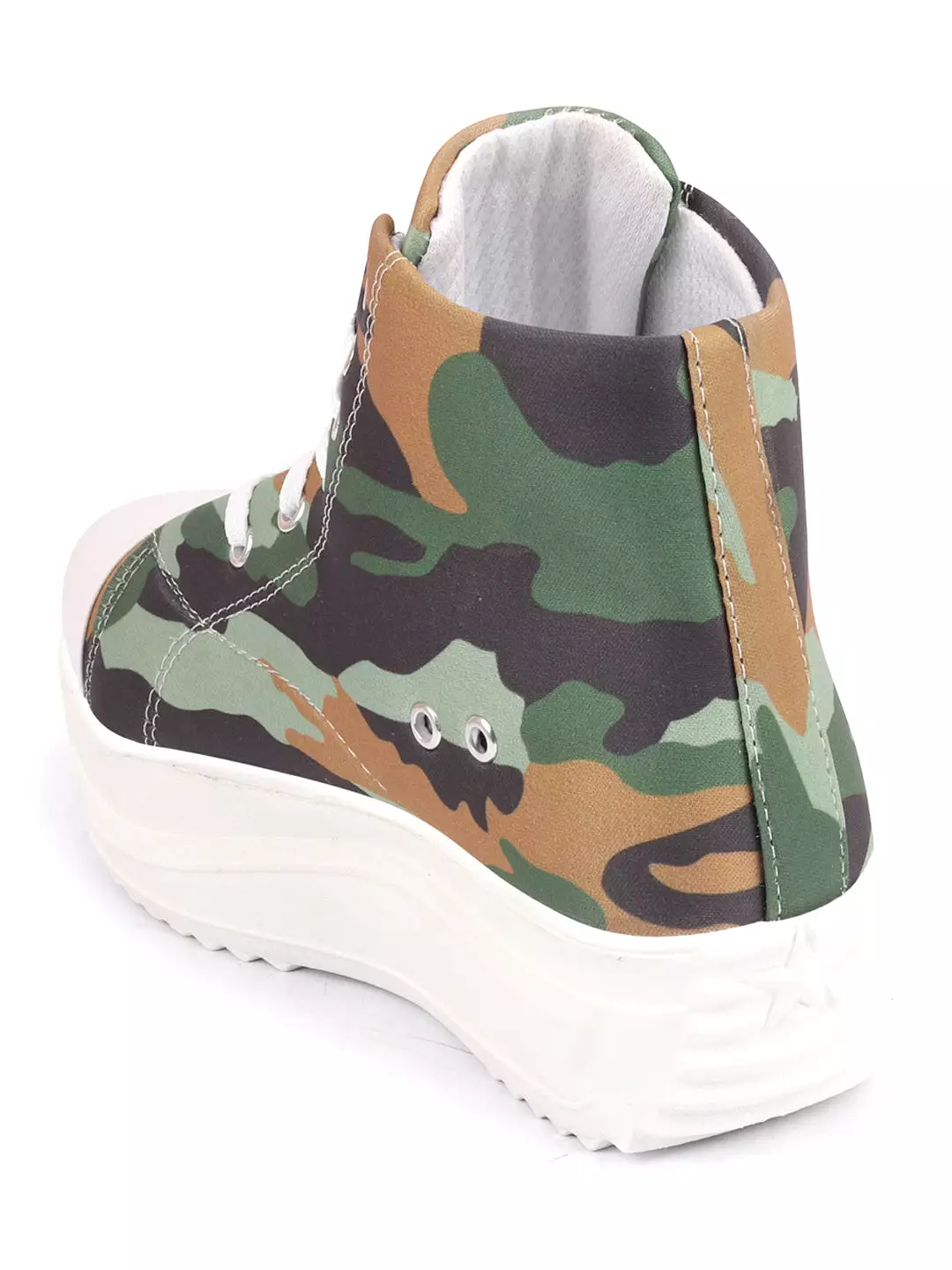 Women Olive Green High Ankle Top Wedge Heels Camouflage Print Canvas Lace Up Sneakers Shoes