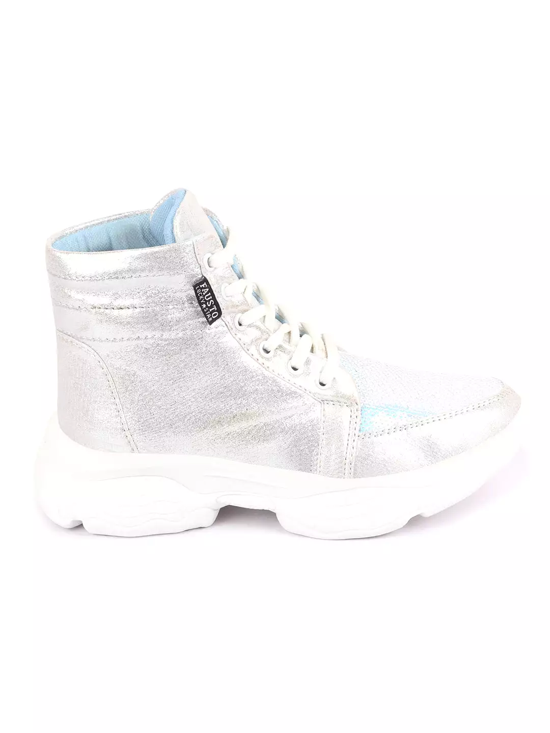 Women Silver High Ankle Lace Up Embellished Sneakers