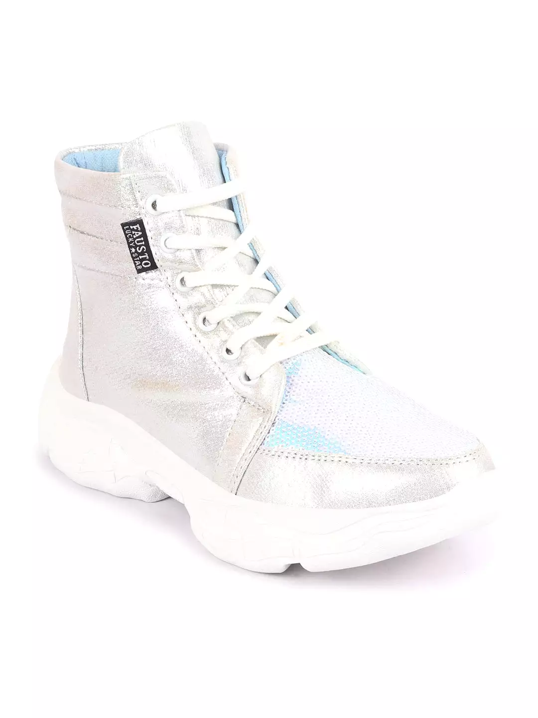 Women Silver High Ankle Lace Up Embellished Sneakers