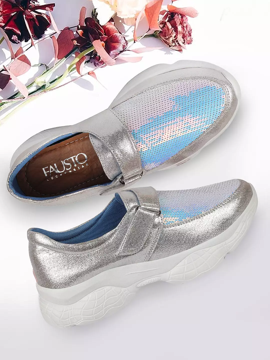 Women Silver Stylish Hook & Loop Sneakers