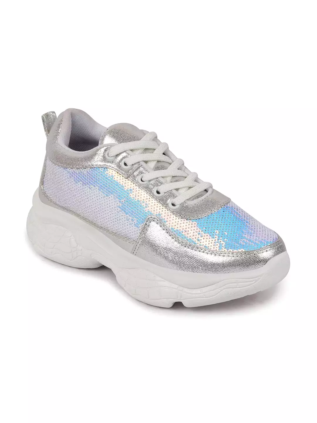 Women Silver Stylish Lace Up Embellished Sneakers