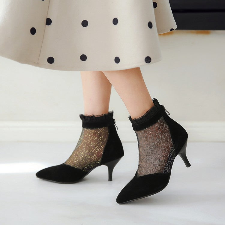 Women's Ankle Boots Pointed Toe Lace Mesh High Heel Booties