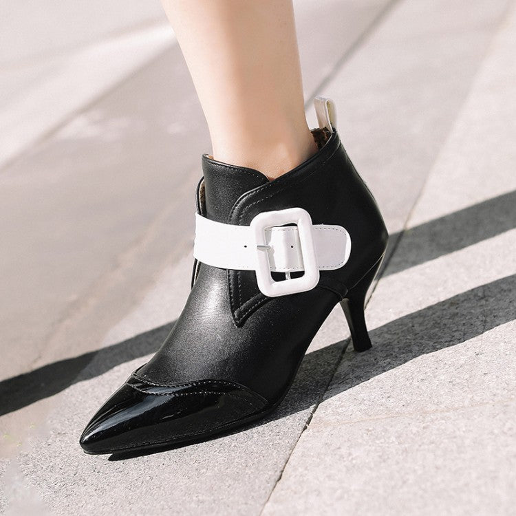 Women's Bicolor Buckle Straps Kitten Heel Short Boots