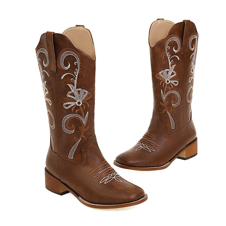 Women's Embroidery Block Heel Cowboy Mid Calf Boots