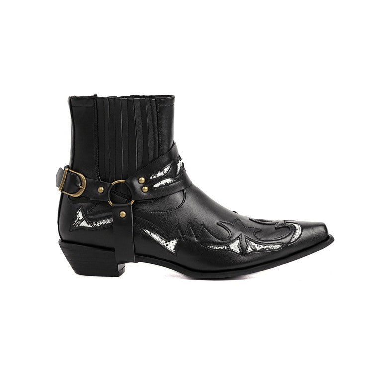 Women's Embroidery Low Heels Metal Buckle Straps Short Boots