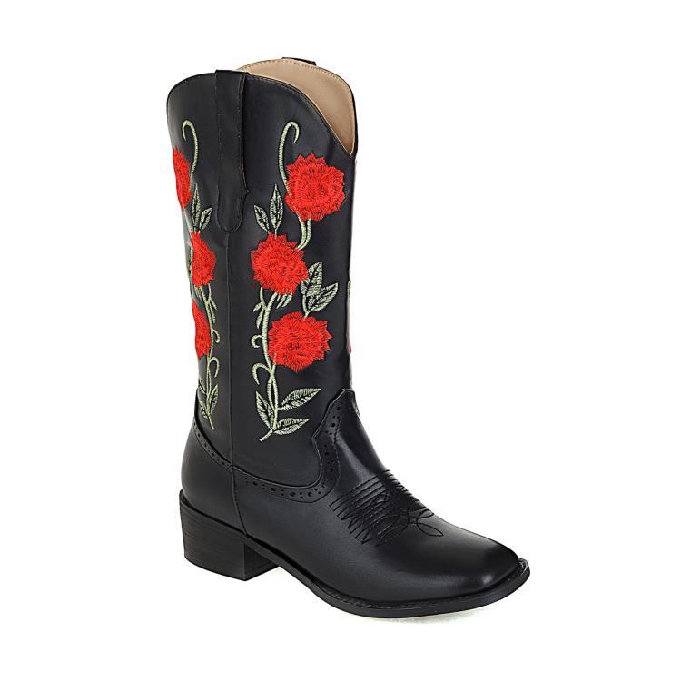 Women's Embroidery Roses Block Heel Mid Calf Boots