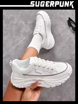 Women's Fashionable Thick Sole White Sporty Lace-Up Outdoor Sneaker Shoes