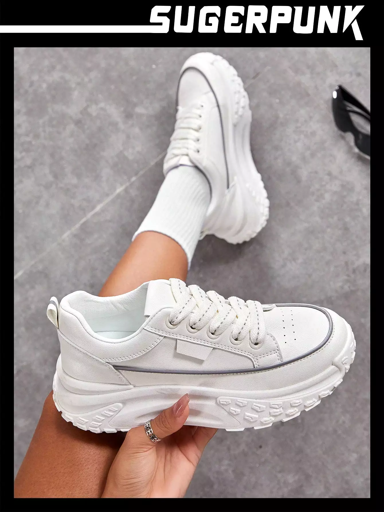 Women's Fashionable Thick Sole White Sporty Lace-Up Outdoor Sneaker Shoes