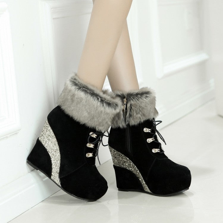 Women's Flock Sparkling Sequins Wedge Heel Platform Short Boots