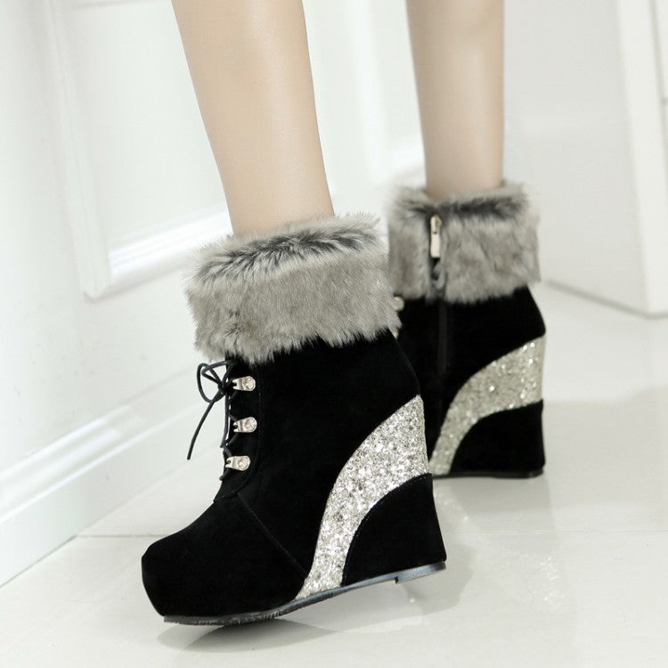 Women's Flock Sparkling Sequins Wedge Heel Platform Short Boots