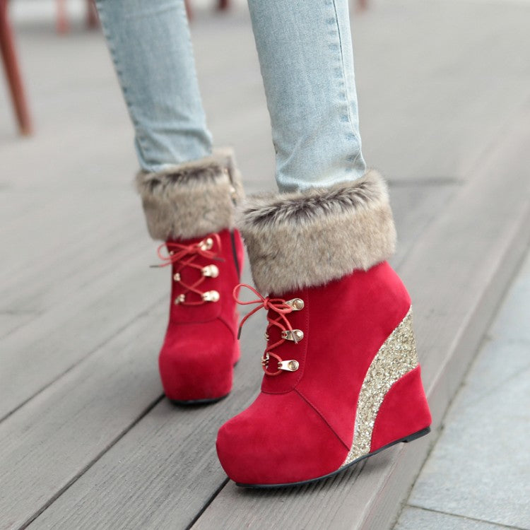 Women's Flock Sparkling Sequins Wedge Heel Platform Short Boots