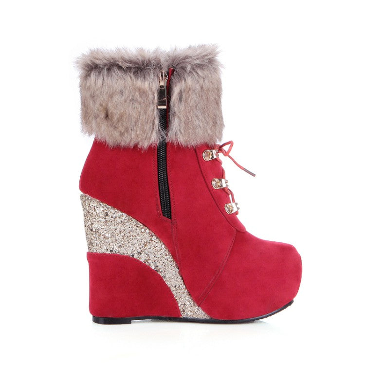 Women's Flock Sparkling Sequins Wedge Heel Platform Short Boots