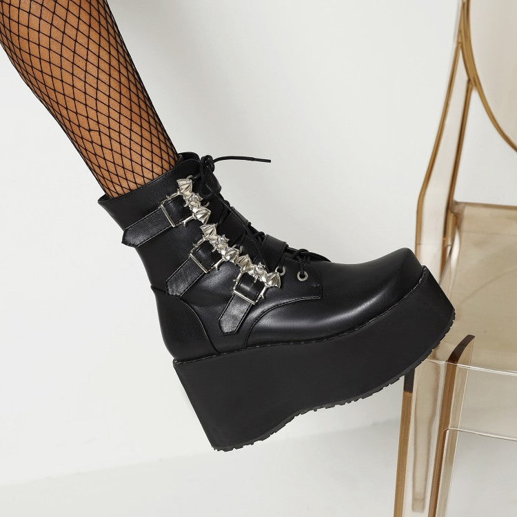 Women's Lace Up Buckle Straps Wedge Heel Platform Short Boots