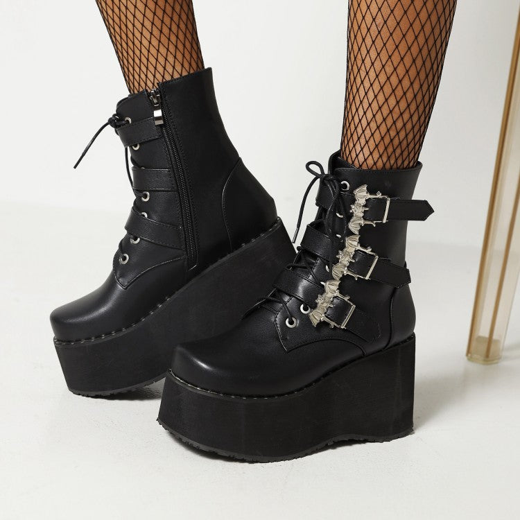 Women's Lace Up Buckle Straps Wedge Heel Platform Short Boots