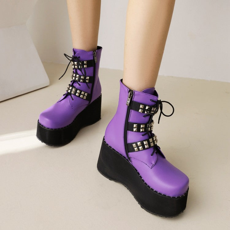 Women's Lace Up Rivets Buckle Straps Side Zippers Wedge Heel Platform Short Boots