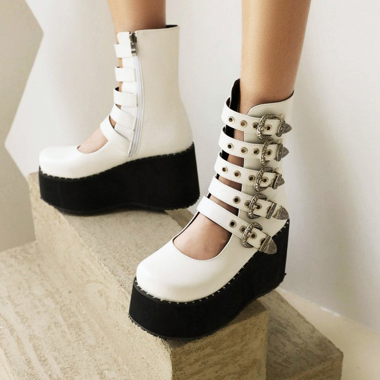 Women's Metal Buckle Straps Wedge Heel Platform Short Boots