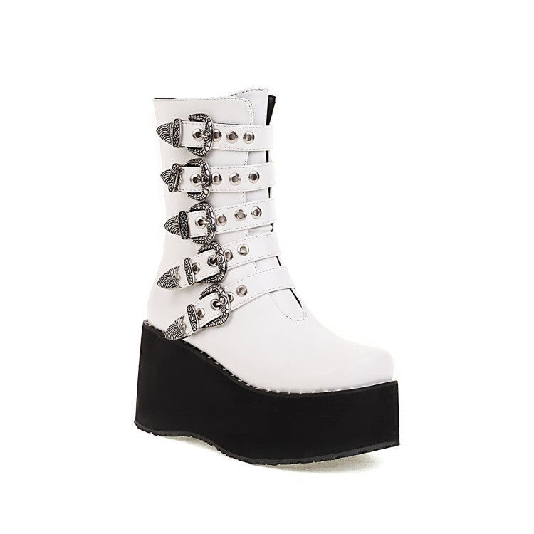 Women's Metal Buckle Straps Zipper Wedge Heel Platform Short Boots