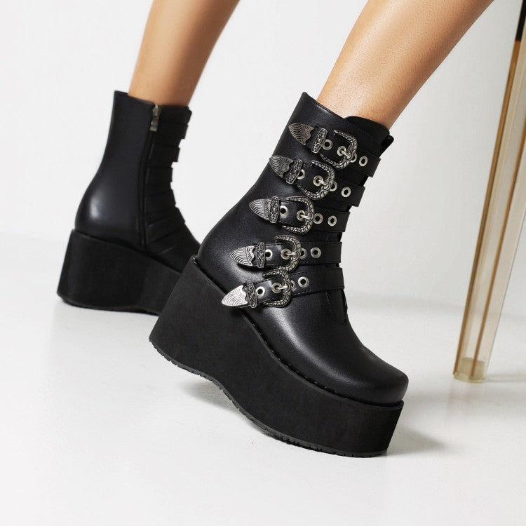 Women's Metal Buckle Straps Zipper Wedge Heel Platform Short Boots