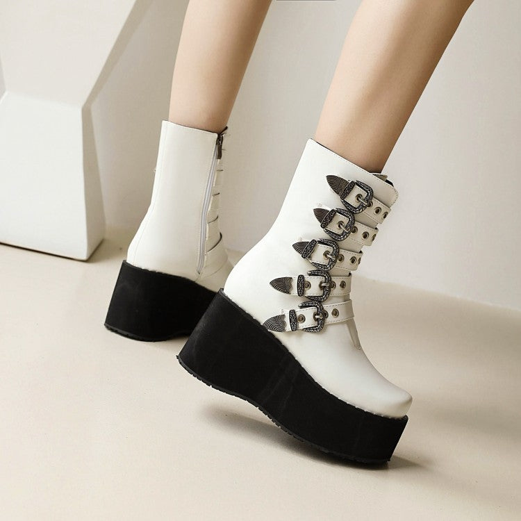 Women's Metal Buckle Straps Zipper Wedge Heel Platform Short Boots