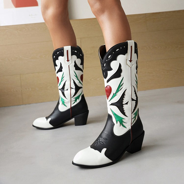 Women's Patchwork Pointed Toe Block Heel Cowboy Mid Calf Boots