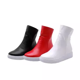 Women's Pu Leather Round Toe Side Zippers Flat Platform Short Boots