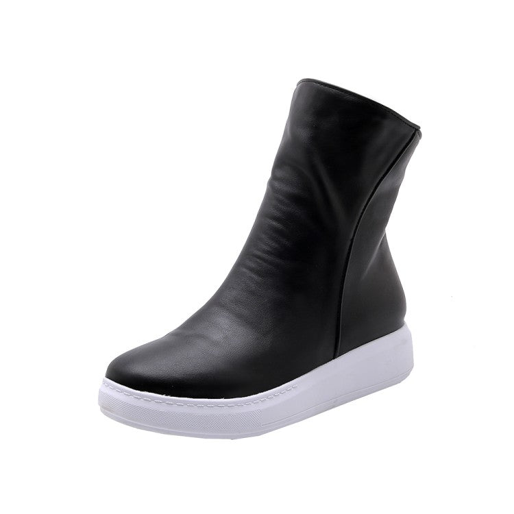 Women's Pu Leather Round Toe Side Zippers Flat Platform Short Boots