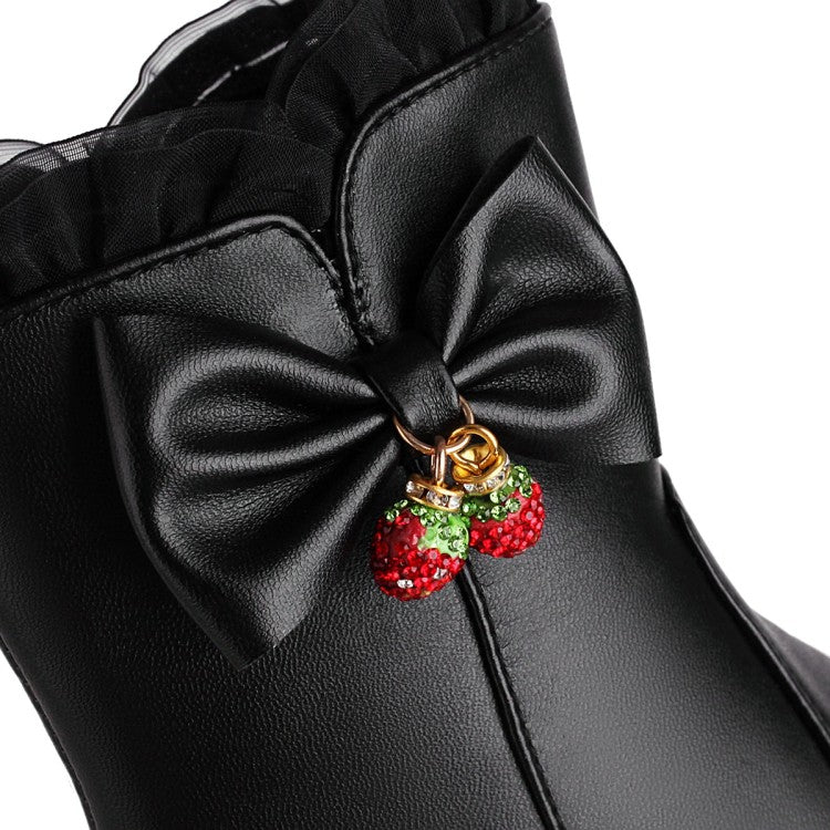 Women's Side Zippers Lace Bow Tie Low Heels Short Boots