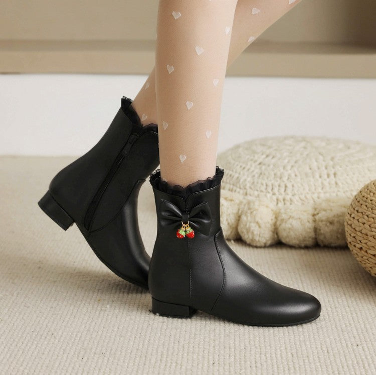 Women's Side Zippers Lace Bow Tie Low Heels Short Boots