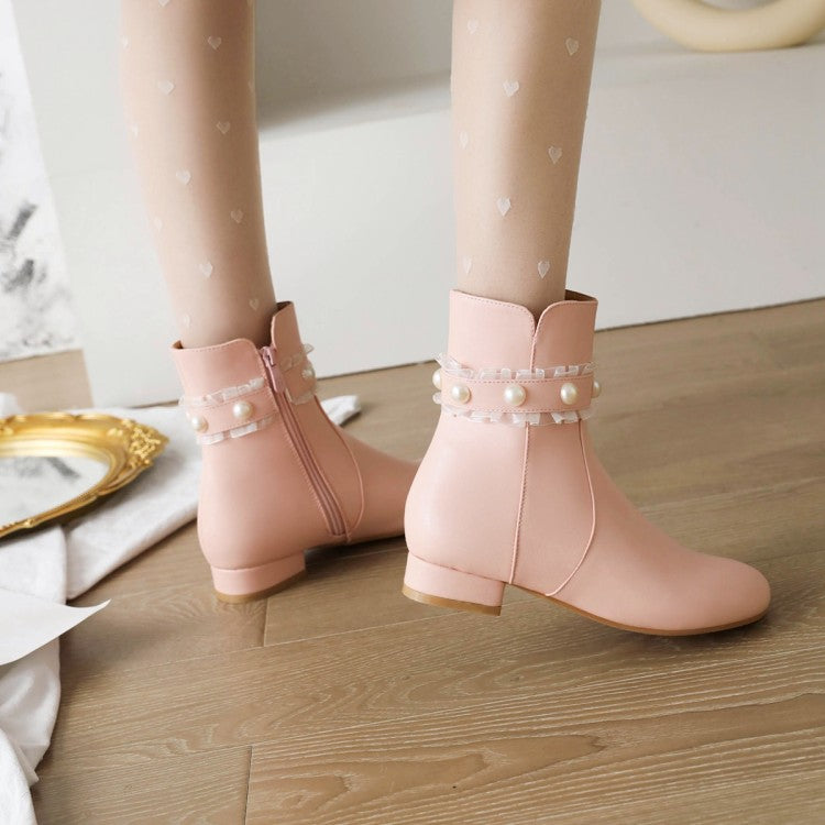 Women's Side Zippers Lace Pearls Low Heels Short Boots