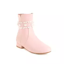 Women's Side Zippers Lace Pearls Low Heels Short Boots